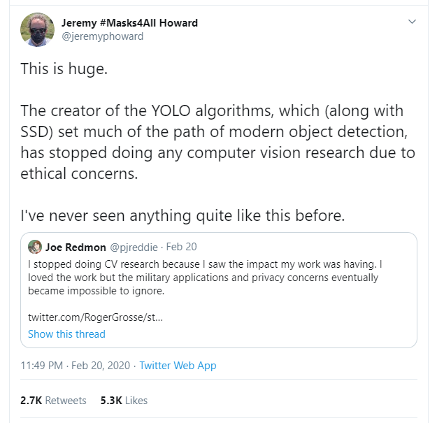A tweet about YOLO creator